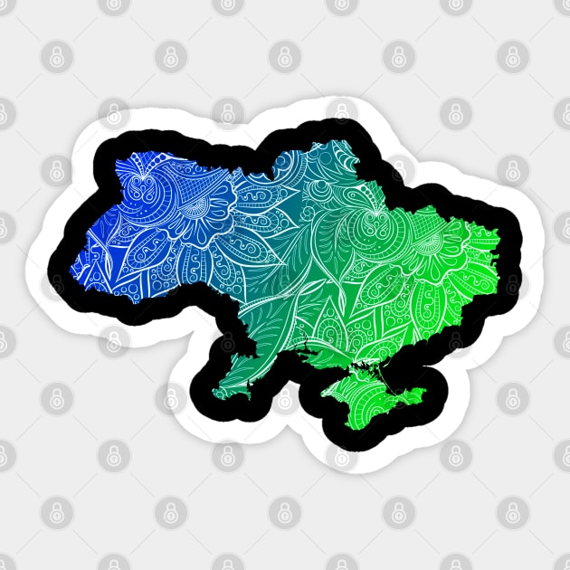 Colorful mandala art map of Ukraine with text in blue and green Sticker by Happy Citizen